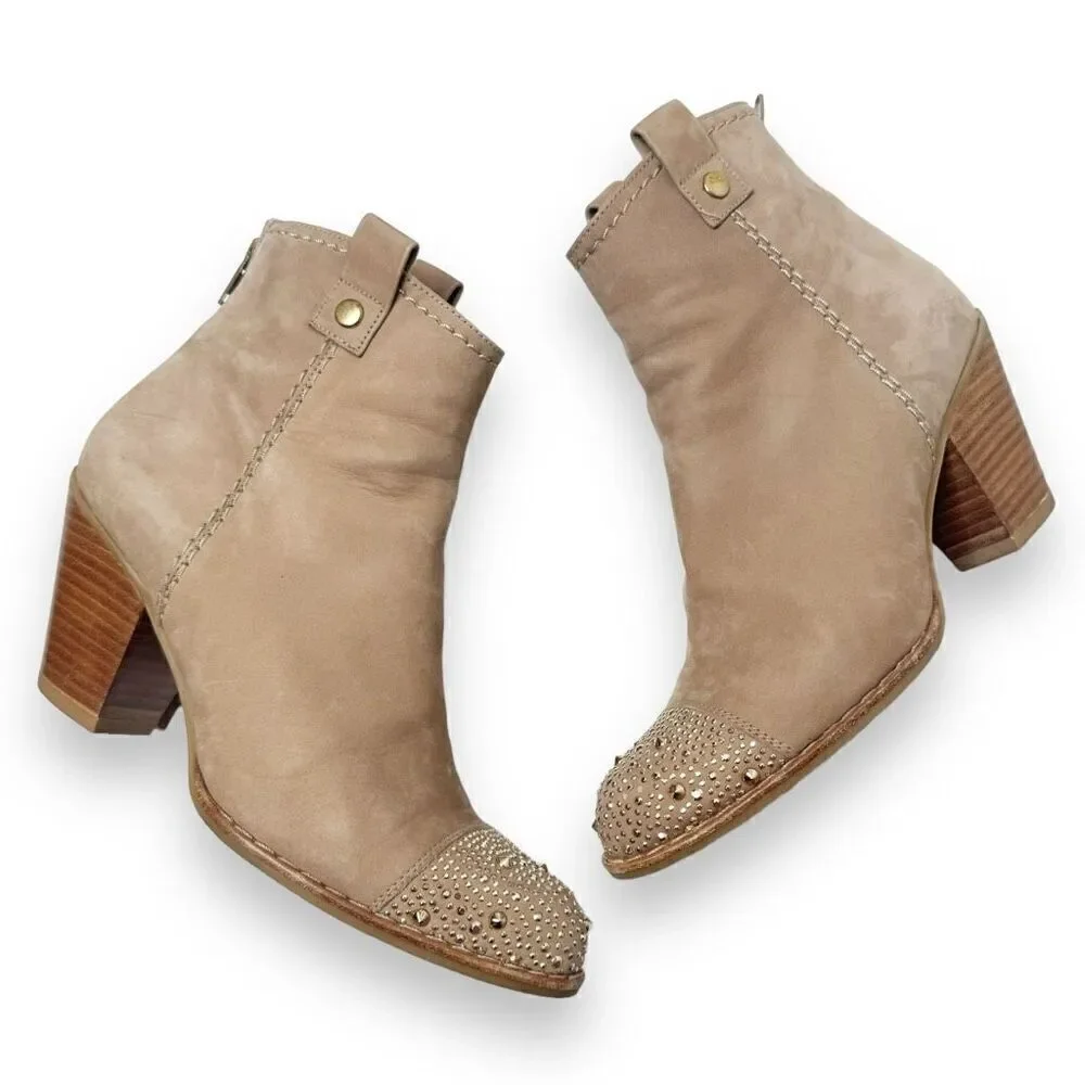 Stuart Weitzman Women’s Gold Studded Cap Toe Zip Taupe Suede Ankle Boots 5.5 M